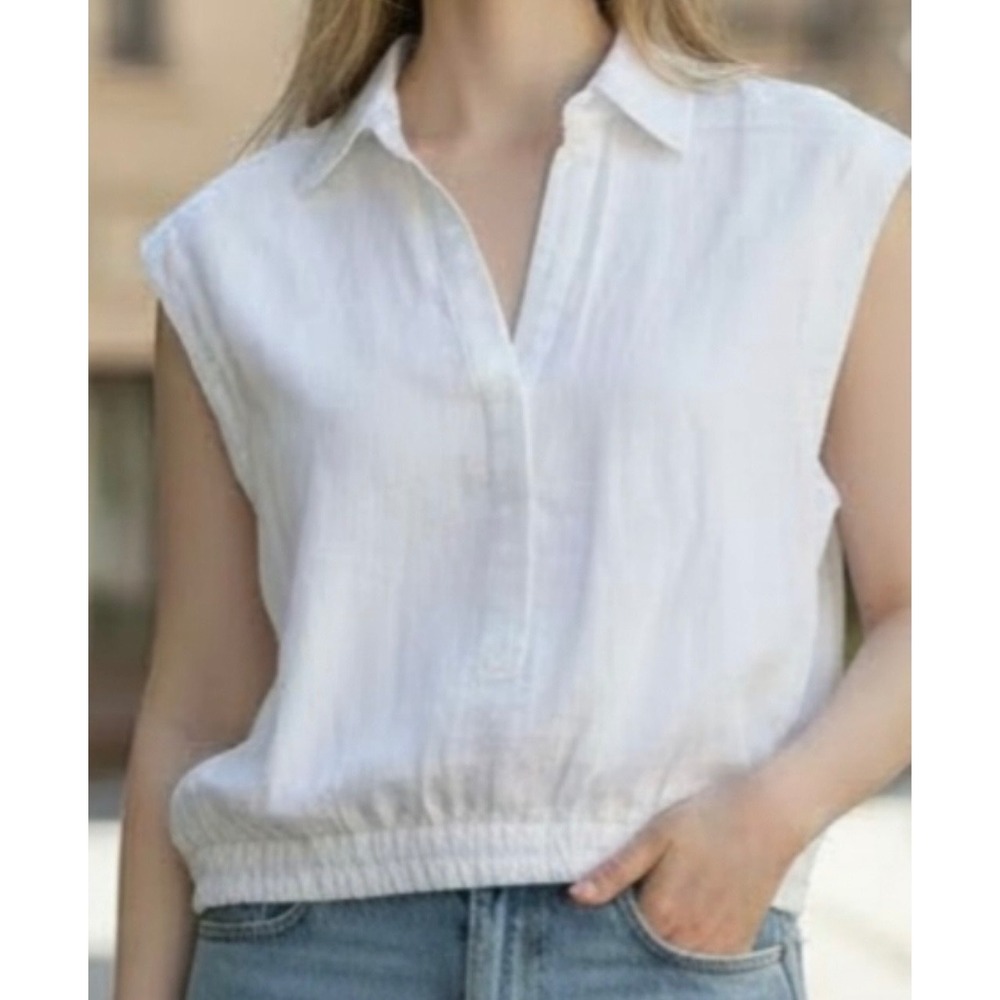 Sleeveless White Collared Blouse - Casual Elastic Hem